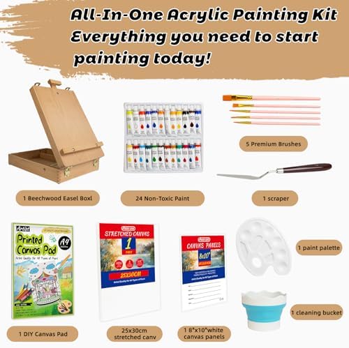 portable tabletop easel set 36-piece acrylic paints brushes, side view