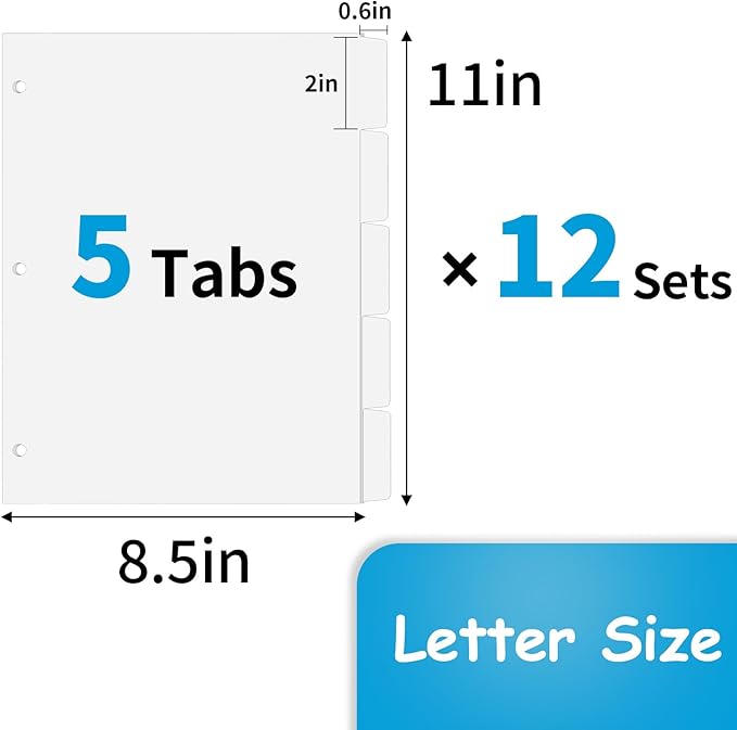Binder Dividers for 3 Ring Binder, 1/5 Cut Tabs, Letter Size, Blank Write On - Image 2