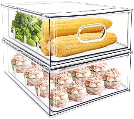 2Pack Stackable Fridge Drawers Pull-Out Bins Divided Produce Saver Containers...