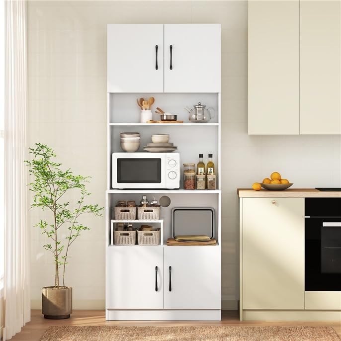 Kitchen Hutch with Countertop, 66" Tall Modern Farmhouse Coffee Bar Pantry Cabinet with Charging Station & Microwave Shelf for Small Spaces, Studio, Apartment (White)
