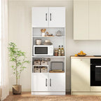 Kitchen Hutch with Countertop, 66" Tall Modern Farmhouse Coffee Bar Pantry Cabinet with Charging Station & Microwave Shelf for Small Spaces, Studio, Apartment (White)