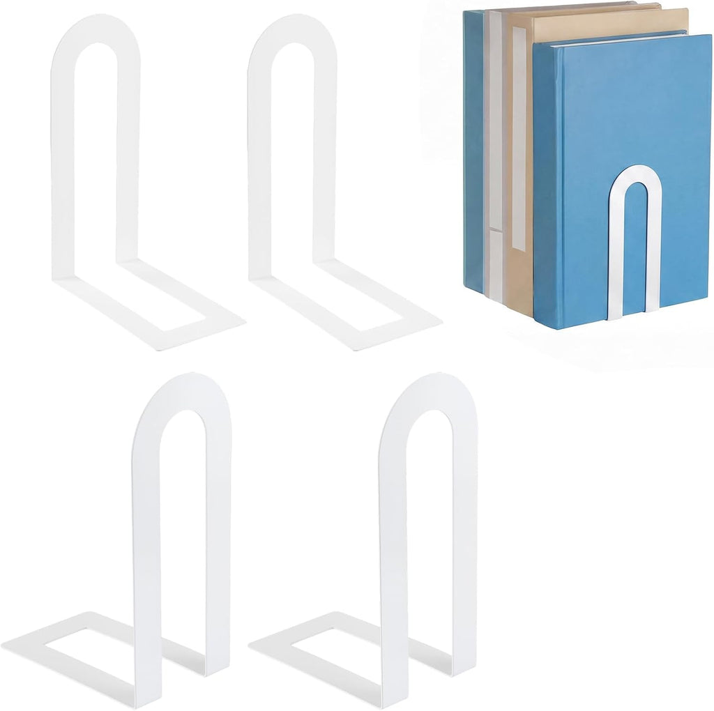 4 Pcs Metal Book Ends, Minimalist White, 5.5 * 3.75 * 2.25inch | Decorative Bookends for Shelves, Stackable Organizer for Home Office, Geometric Design Holds Books Upright, Dorm Decor