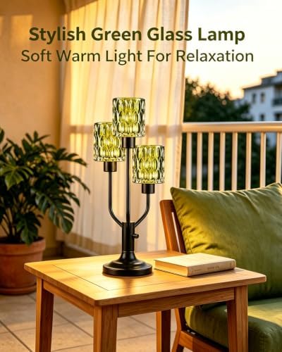 Mid Century Modern Green Glass Table Lamp Dimmable 3 Bulbs Included