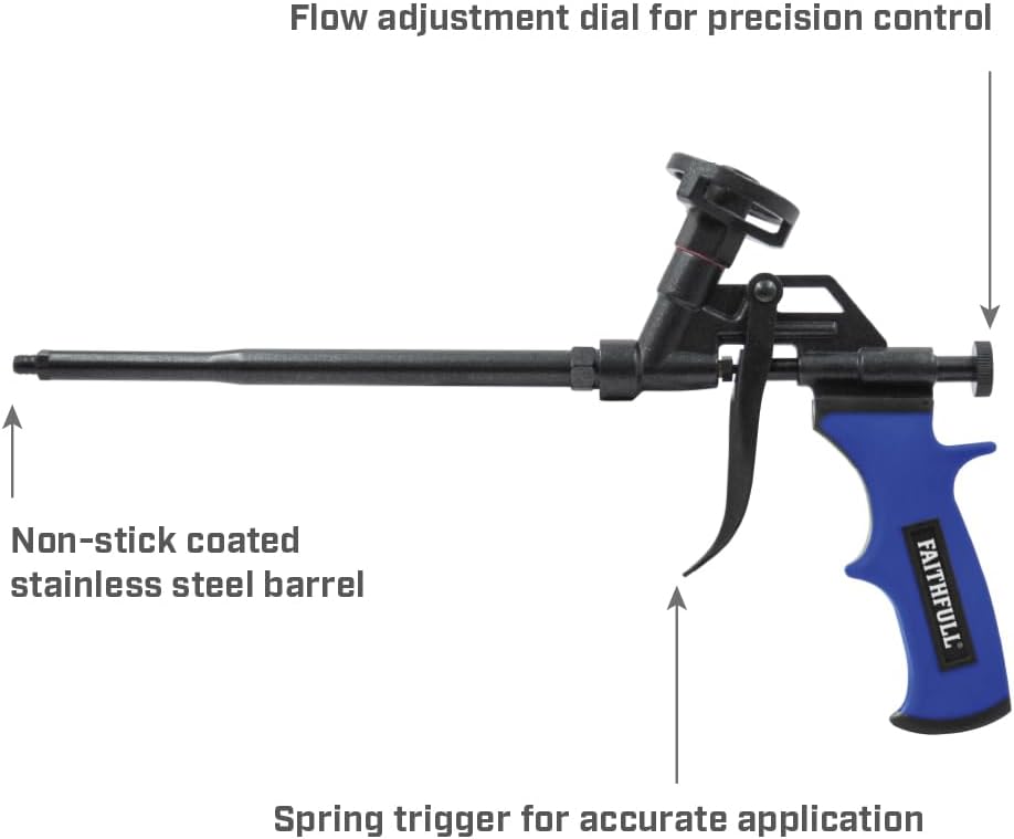 Faithfull Non Stick Foam Gun, Heavy-Duty, Fully Coated Non-Stick Body, Stainless Steel Barrel & Needle, Sealant Dispensing Spray Applicator