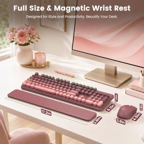 Wireless Keyboard and Mouse Combo, Magnetic Wrist Rest, Dusty Rose Ombre