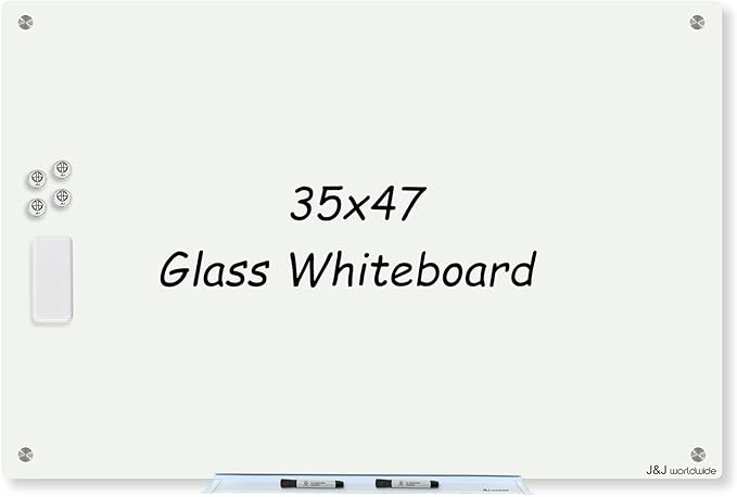 Magnetic Whiteboard, Glass Dry Erase Board 4' x 3' White Surface, Home School by JJworldwide