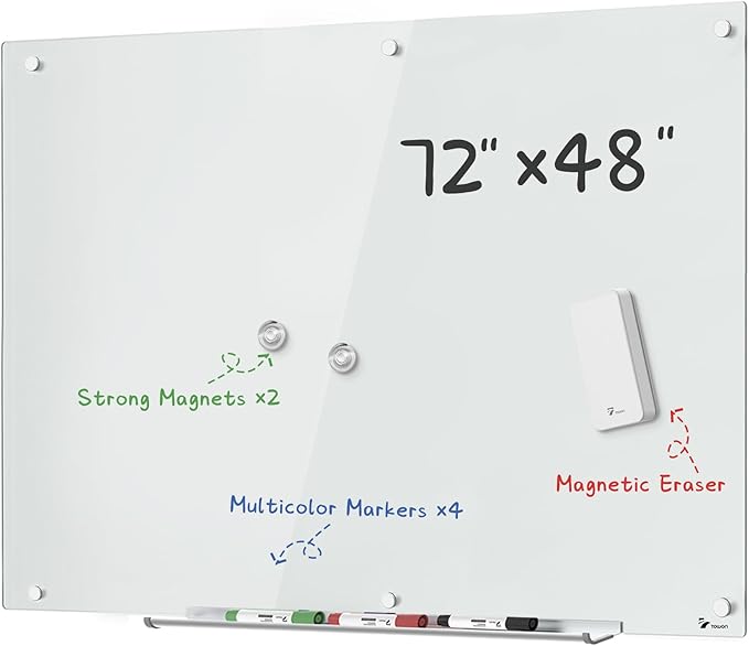 TOWON 6 x 4ft Glass Whiteboard Wall – Magnetic White Dry Erase Board by TOWON