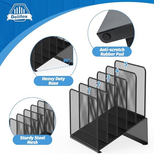 Inclined 5-Section Desk File Organizer, Vertical File Folder Holder File Sorter - Image 3