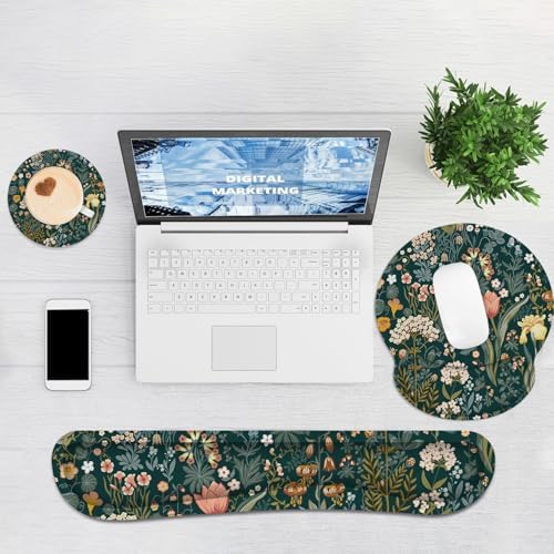 Ergonomic Mouse Pad with Wrist Rest and Keyboard Wrist Rest, Mousepad | Memory Foam Wrist Rest for Computer Keyboard, Pain Relief, Non-Slip Base, Mouse Pad Wrist Support for Gaming, Green Flowers