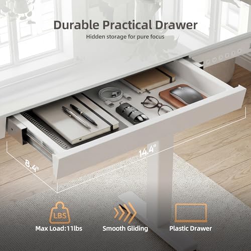 INNOVAR 40" Small Glass Standing Desk with Drawers & USB Ports, Whole-Piece Glass Top Adjustable Height Desks, Quick-Install Electric Sit-Stand Up Desk for Home Office & Computer Workstation, White