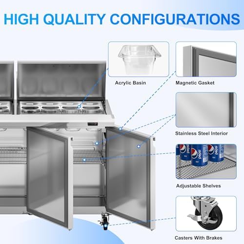 Rockitch 72" W Commercial Sandwich Prep Table Refrigerator 22 Cu.ft 30 Pans