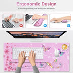 Pink Butterfly Desk Mat, Florals 4 in1 Large Gaming Mouse Pad Set, Ergonomics Keyboard Pad with Memory Foam Wrist Rest, Extended Game Mousepad Non-Slip Desk Protector Matt Easy Typing Pain Relief
