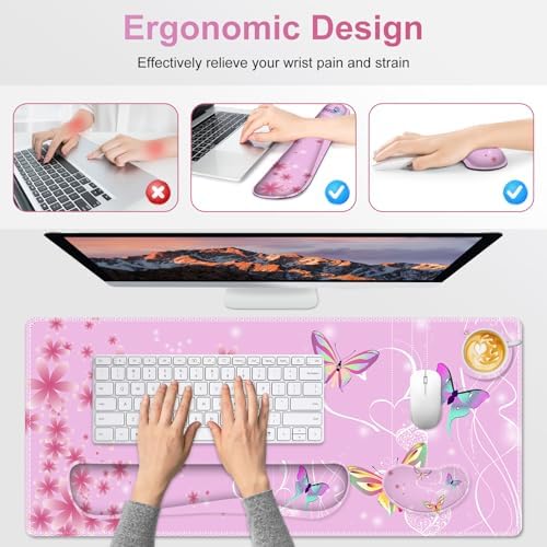 Pink Butterfly Desk Mat, Florals 4 in1 Large Gaming Mouse Pad Set, Ergonomics Keyboard Pad with Memory Foam Wrist Rest, Extended Game Mousepad Non-Slip Desk Protector Matt Easy Typing Pain Relief
