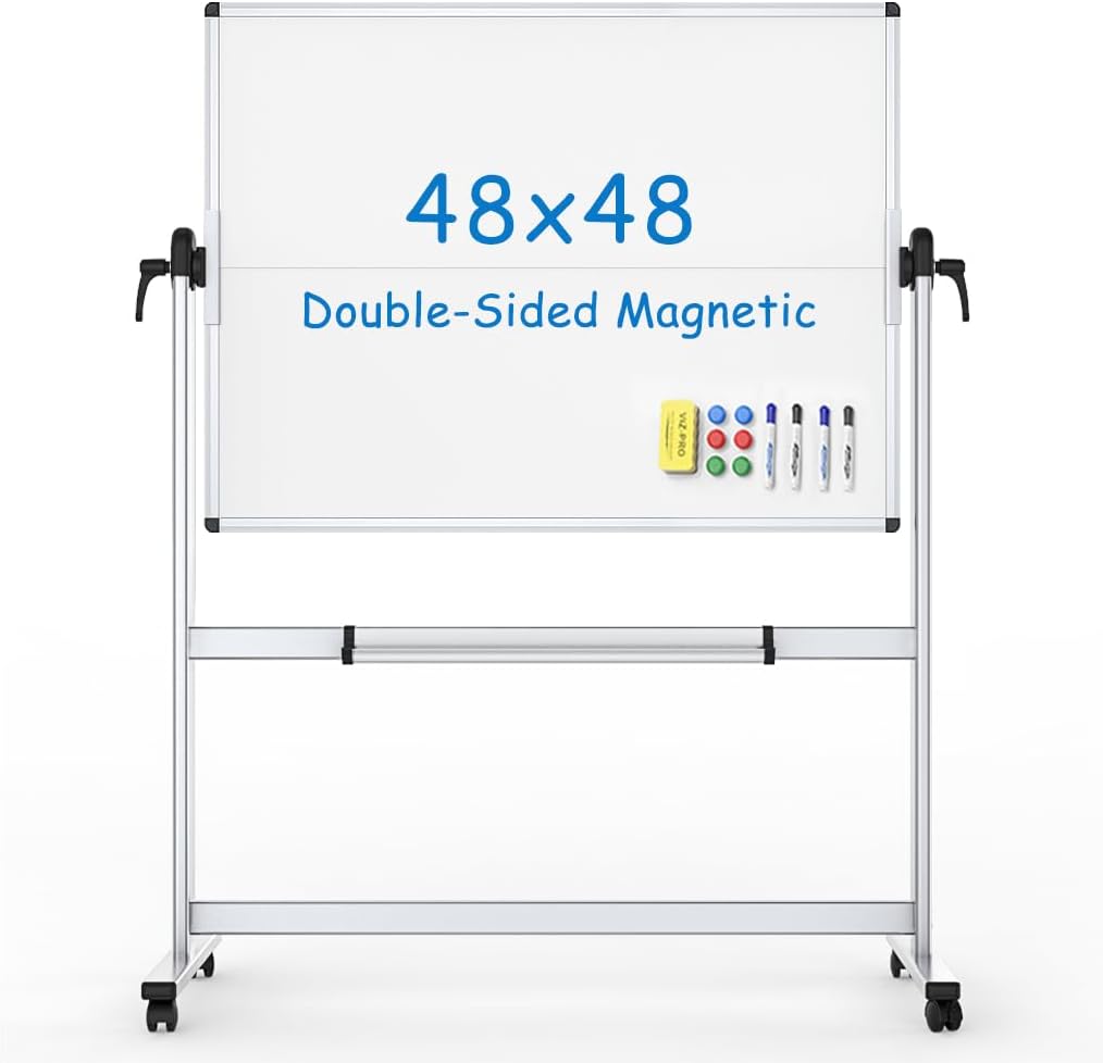 VIZ-PRO Double-Sided Mobile Whiteboard, 48 x 48 Inches, Magnetic Rolling Dry