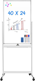 Magnetic Mobile White Board, 40 x 24 Double Sided Dry Erase Board Rolling by Maxtek