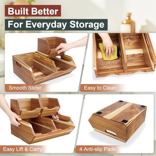 acacia wood pantry storage bins, stackable 3-piece set on a desk or shelf