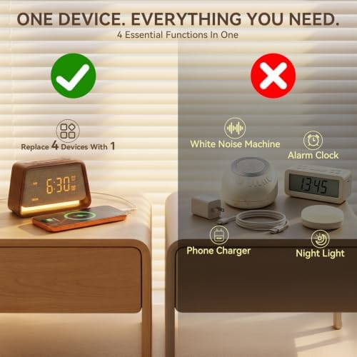 vivilumens alarm clock with white noise machine night shown in use