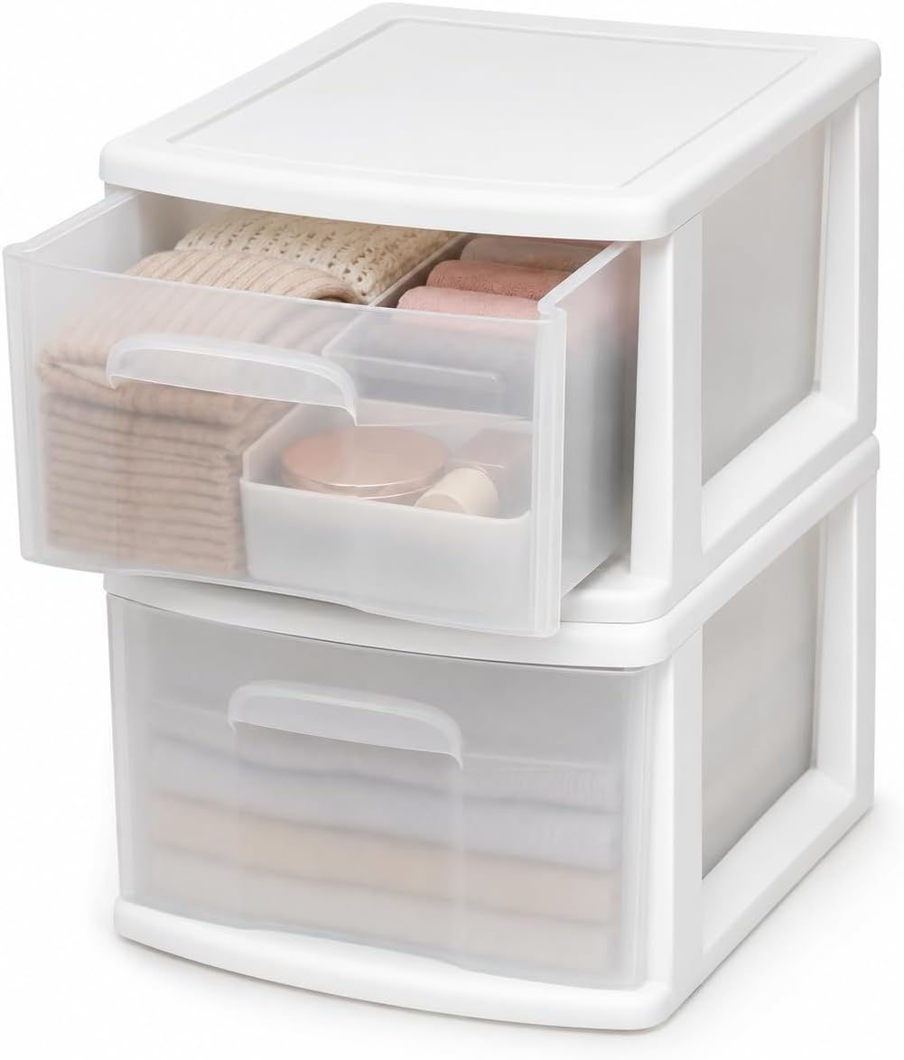 HOMZ 1 Drawer Storage Cart, Medium Plastic Container, White Frame, 2 Pack