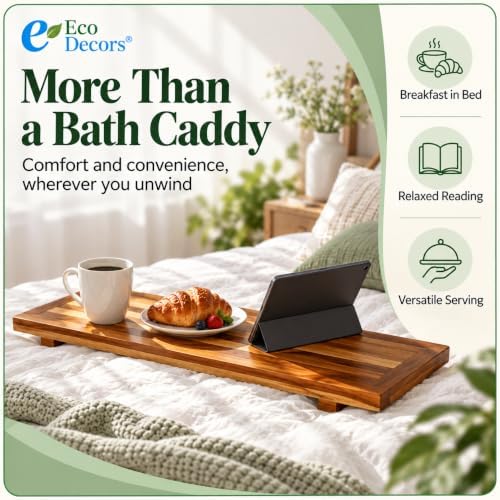 EcoDecors 34" Natural Teak Bath Tray for Tub, Bathtub Table