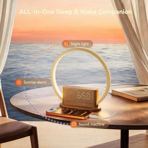 wood grain alarm clock with sunrise lamp & shown in use