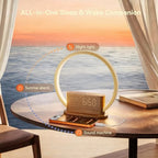 wood grain alarm clock with sunrise lamp & shown in use