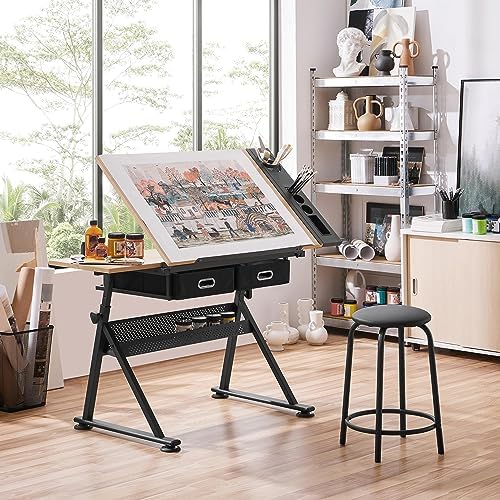 yaheetech adjustable drafting table art desk, storage drawers shown in use