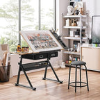 yaheetech adjustable drafting table art desk, storage drawers shown in use