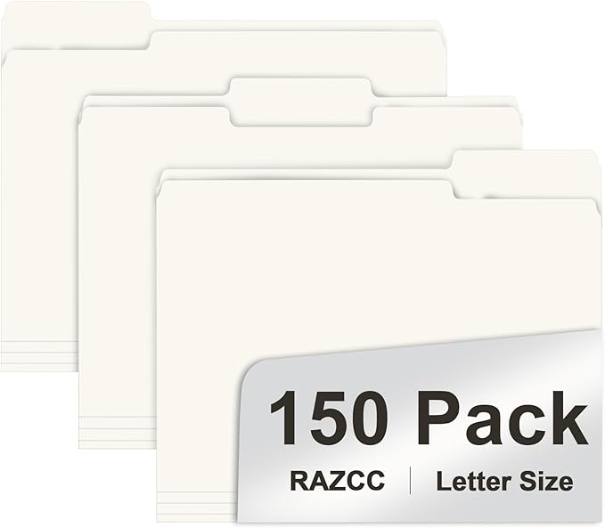 File Folder, RAZCC 150 Pack 1/3 Cut Tab File Folders Letter Size, Folders by RAZCC