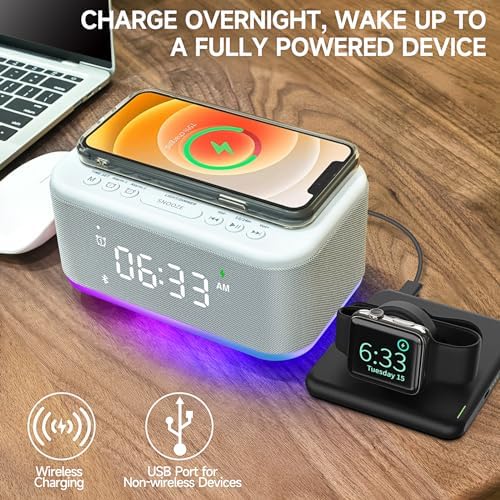 alarm clock speaker wireless charger, digital alarm clocks showing dimensions