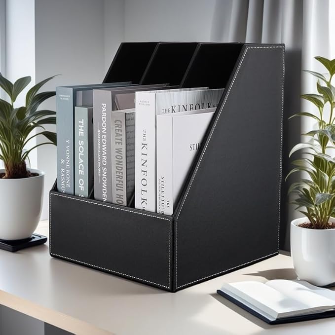 KINGFOM Desktop Wooden Leatherette Magazine File Holder-Organizer-3 Compartment - Image 7