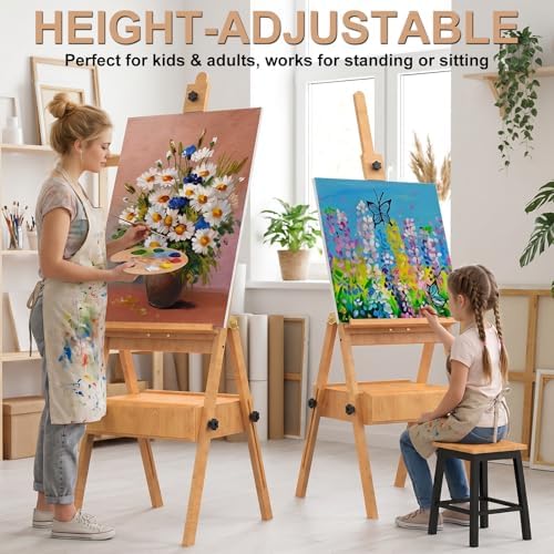 large beech wood h-frame easel,painting easel with storage,up, side view