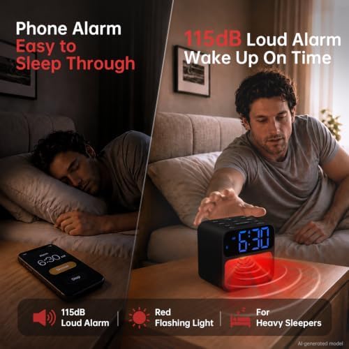 auroracalm extra loud alarm clock for heavy sleepers shown in use