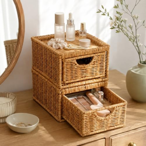 Cantalop 2PCS Stackable Rattan Storage Drawers, Makeup Organizer