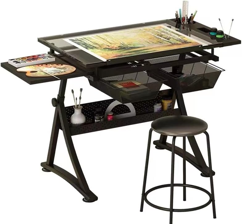 Glass Drafting Table Art Desk – Adjustable Professhional Artwork Drawing Drafting Table Desk, Glass-Topped Art Table for Craft Station Studio Home Office School w/Drawers (Black)