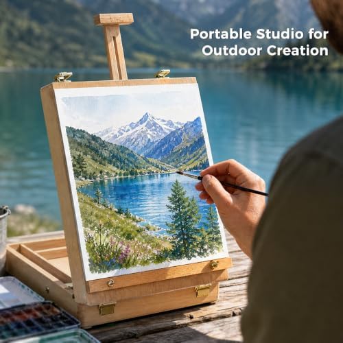 wooden tabletop easel, adjustable sketch box easel with on a desk or shelf