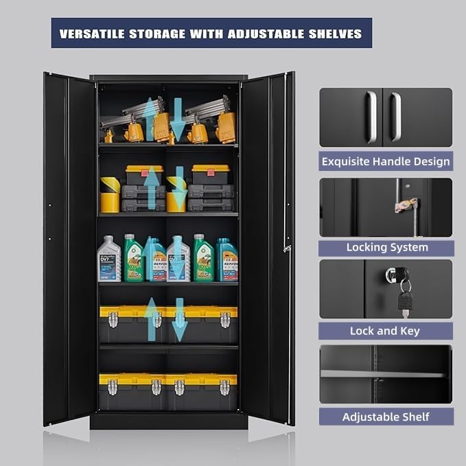 guizeeopo metal storage cabinet with adjustable shelves, garage showing dimensions