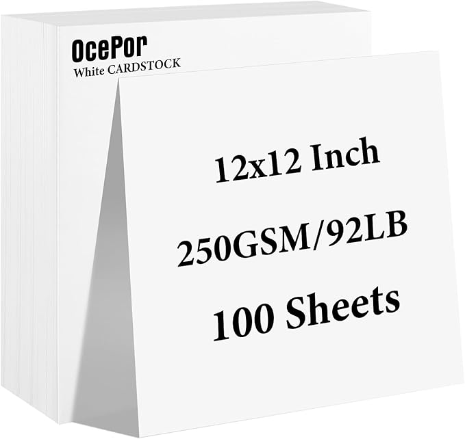 OcePor 100 Sheets White Cardstock 12” x 12”, 92lb/250gsm Black Card Stock by OcePor