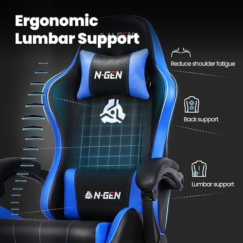 N-GEN GAMING Gaming Chair with Footrest, Lumbar Support, High-Back, Blue