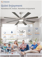 zmishibo 62” modern ceiling fan with light, remote showing dimensions
