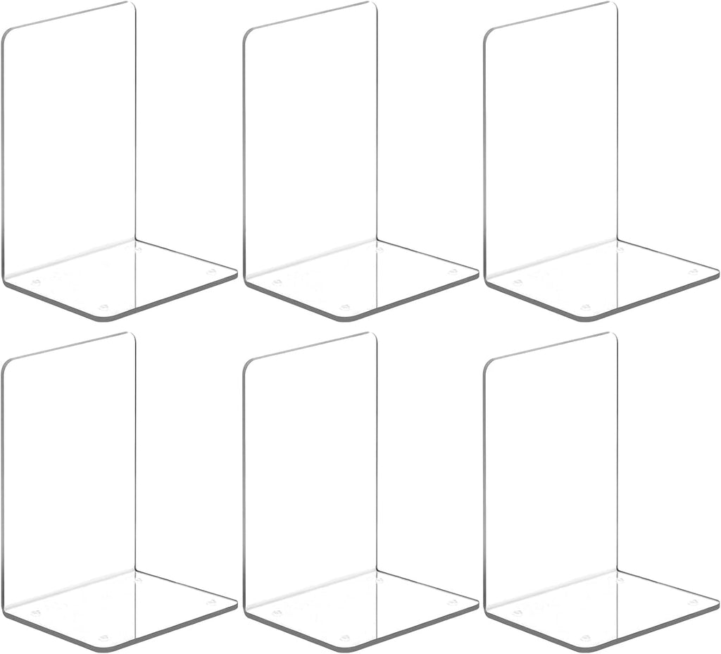 VFINE Acrylic Bookends 6 Pieces, Clear Book Ends for Shelves, Book Holders for Shelves, Transparent Book Dividers for Shelves, Stylish Book Stopper Organizer for Home Office Desktop Supplies