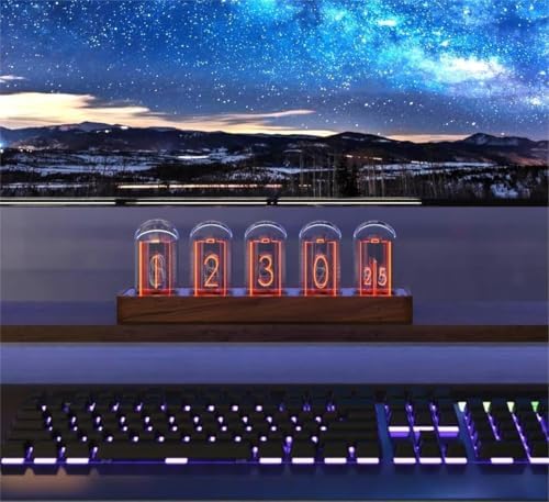 clocteck nixie tube clock with wi-fi sync, alarm on a desk or shelf