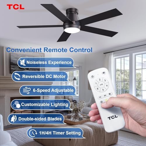 tcl 52" black flush mount ceiling fan with shown in use