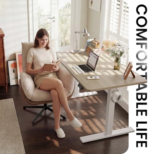 CubiCubi Electric Standing Desk 48 x 24 Inch, Height Adjustable Sit Stand Desk with Memory Presets, Splice Desktop Computer Desk for Home Office, White Frame/Light Walnut Top