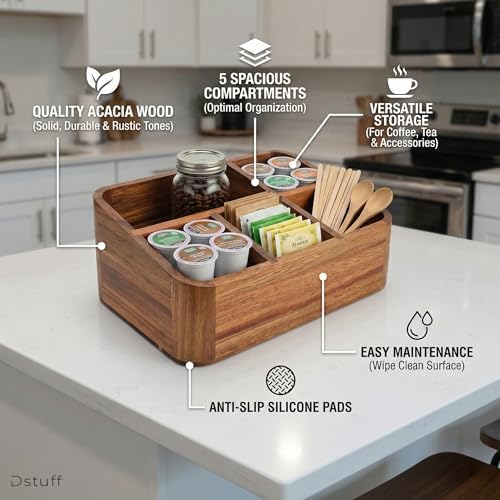dstuff acacia wood coffee station organizer for countertop, close-up detail