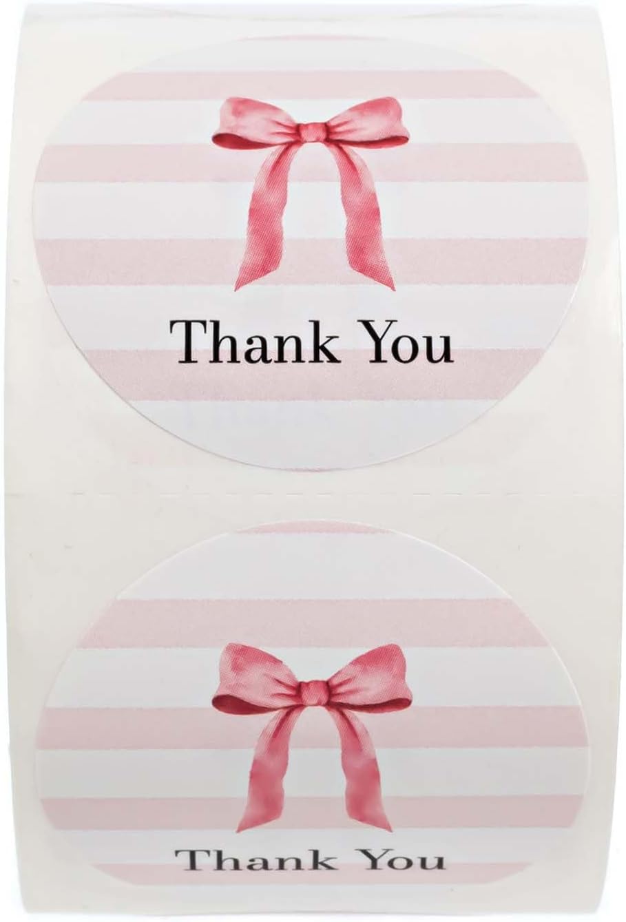 Pink Bow Thank You Stickers / 500 Girl Baby Shower Gratitude Envelope Seals / 1.5" Round Appreciation Labels/Small Feminine Bridal Shower Striped Thanks Sticker Roll/Made in The USA