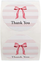 Pink Bow Thank You Stickers / 500 Girl Baby Shower Gratitude Envelope Seals / 1.5" Round Appreciation Labels/Small Feminine Bridal Shower Striped Thanks Sticker Roll/Made in The USA