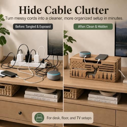 Acacia Wood Cable Management Box,Cord Hider & Organizer for Power Strip