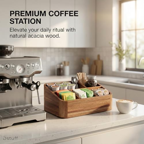 dstuff acacia wood coffee station organizer for countertop showing dimensions