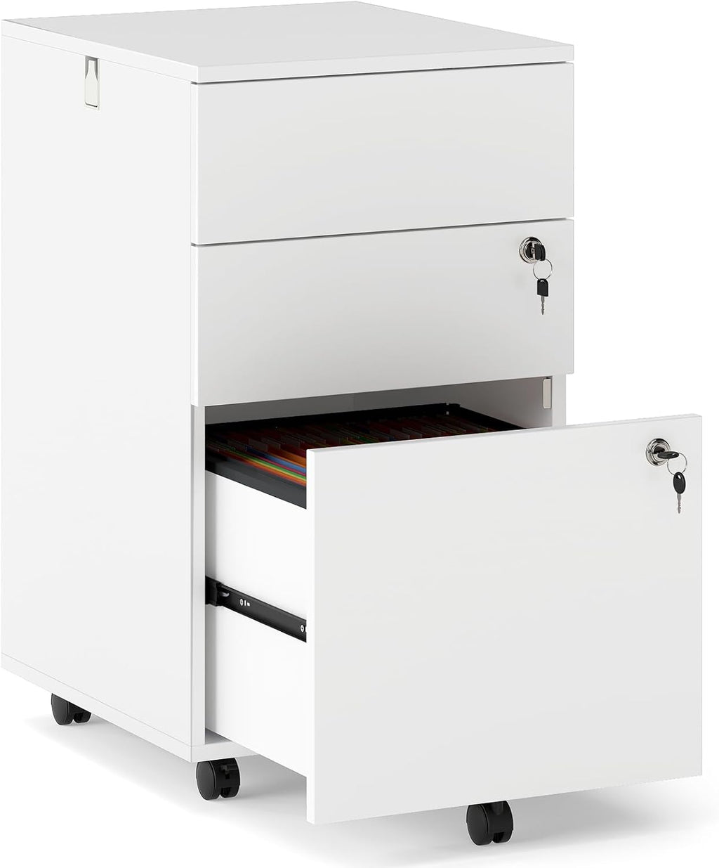 Giantex 3-Drawer File Cabinet with Lock, 27-Inches Storage Cabinet with 2 Side Hooks, Mobile Printer Stand, Wheels, 4 Keys, Vertical Filing Organizer fits Letter/A4 Size for Home Office (White)