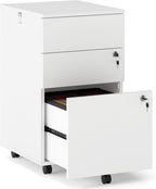 Giantex 3-Drawer File Cabinet with Lock, 27-Inches Storage Cabinet with 2 Side Hooks, Mobile Printer Stand, Wheels, 4 Keys, Vertical Filing Organizer fits Letter/A4 Size for Home Office (White)